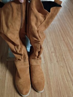 Tall Suede Slouch Boots in Camel